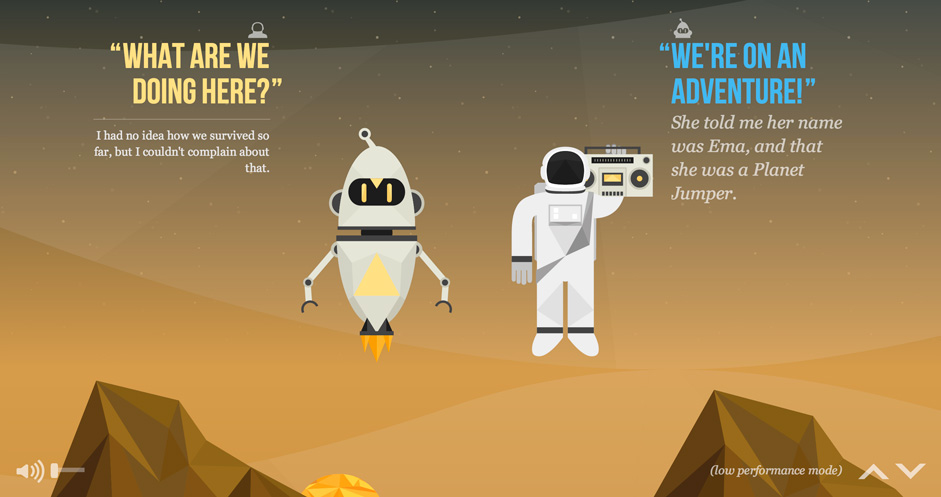 The nasa project is a highly interactive and engaging scrolling site, with lots fun animated SVG graphics