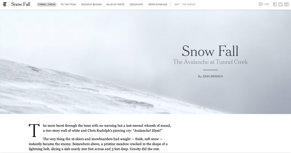 Snow Fall is a pulitzer winning interactive article published on the NYT, that revolutionized the way we think about interactive news publishing.